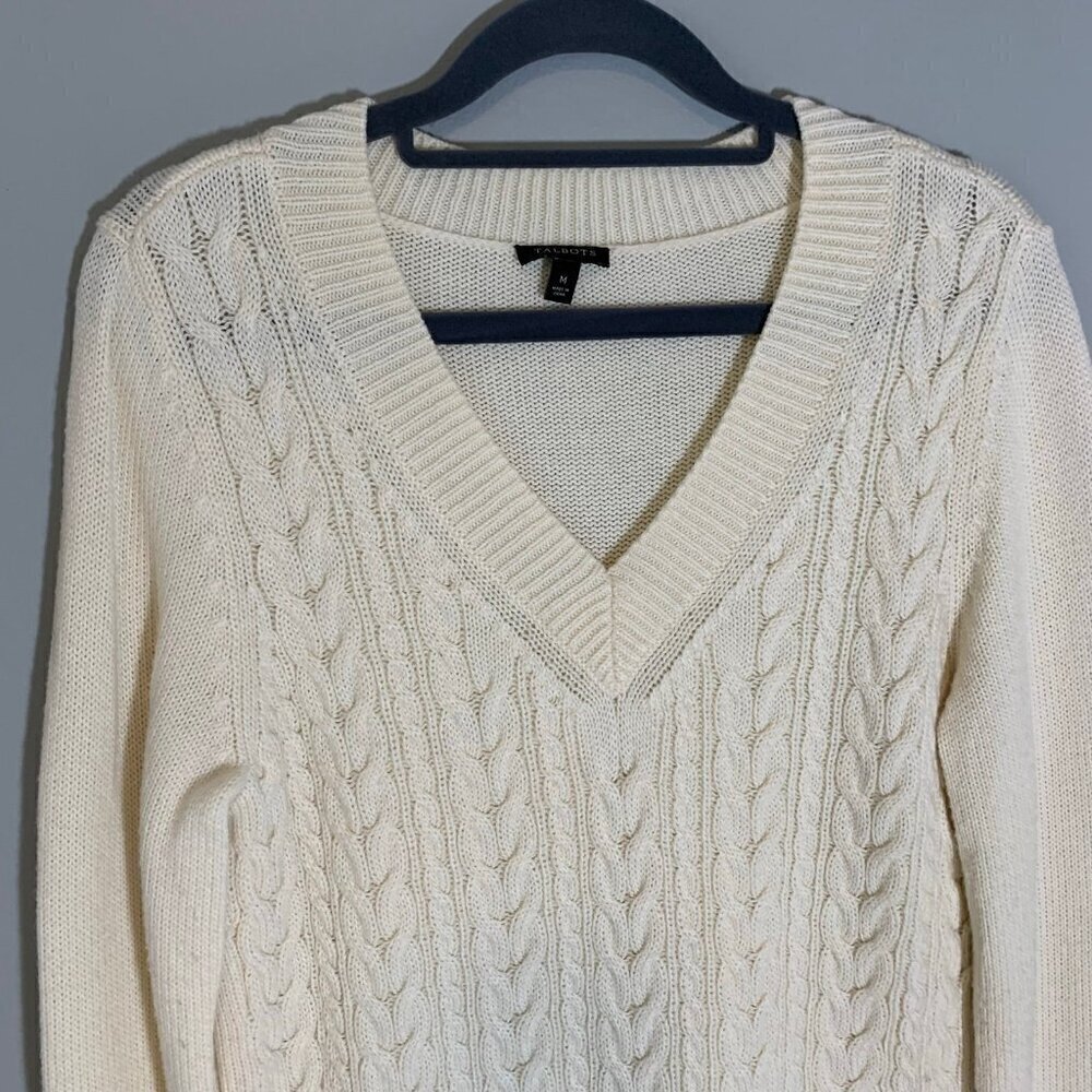 Talbots Cable Knit Sweater Women Medium Ivory V-Neck Lambswool Blend - Picture 4 of 10